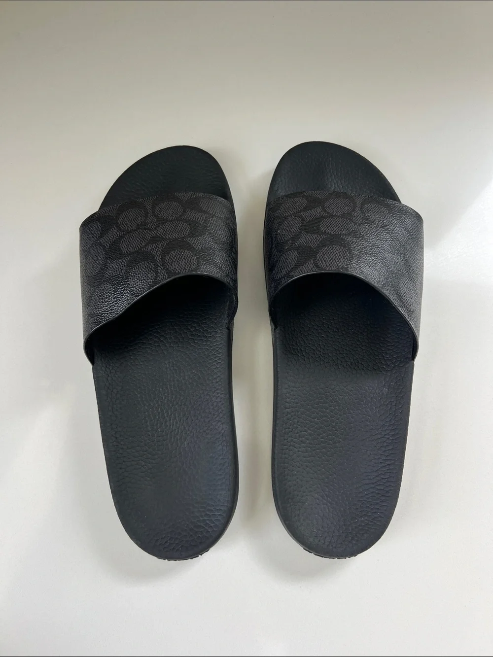 Coach signature charcoal grey black logo coated canvas open toe slides sandals